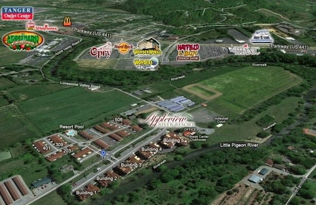 map of Appleview River Resort with nearby Pigeon Forge attractions 