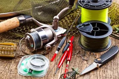 fishing gear laid out on a table